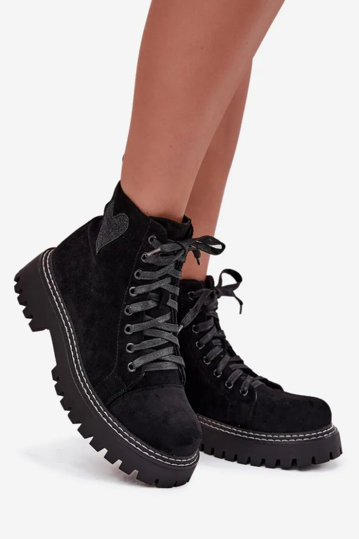 Boto Botki Sznurowane|Botki Płaskie*Botki Damskie Z Brokatowym Sercem Czarne Nariri Czarny