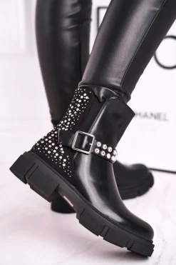 Damskie Boto Botki Damskie Z Cyrkoniami Czarne Giuliana