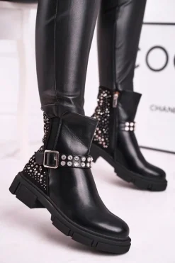 Damskie Boto Botki Damskie Z Cyrkoniami Czarne Giuliana