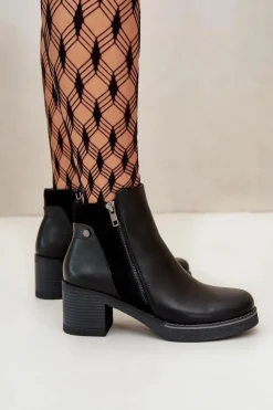 Damskie Boto Botki Damskie Z Eko Skóry Na Słupku Ocieplane Czarne Revianna