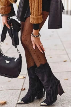 Boto Botki Na Słupku|Czarne Botki*Botki Damskie Z Frędzlami Zamszowe Kowbojki Czarne Jessica