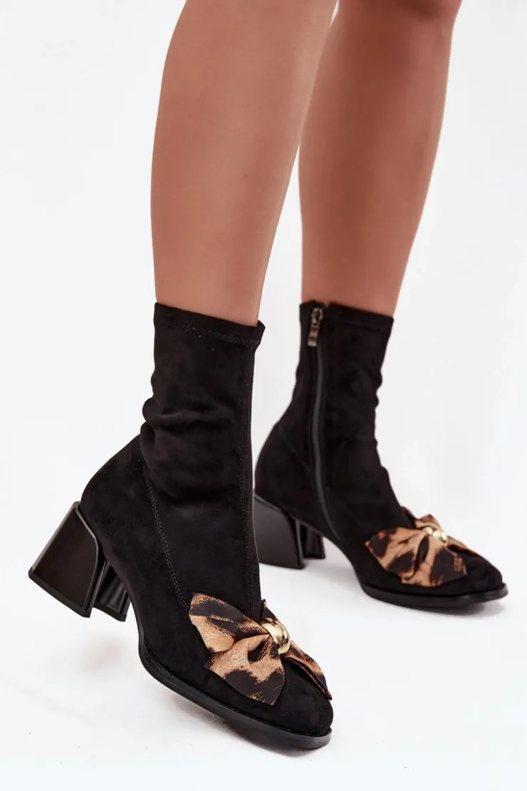 Damskie Damskie buty S.Barski Botki Damskie Z Kokardą Na Klocku D&A JC52-827 Czarne