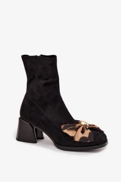 Damskie Damskie buty S.Barski Botki Damskie Z Kokardą Na Klocku D&A JC52-827 Czarne