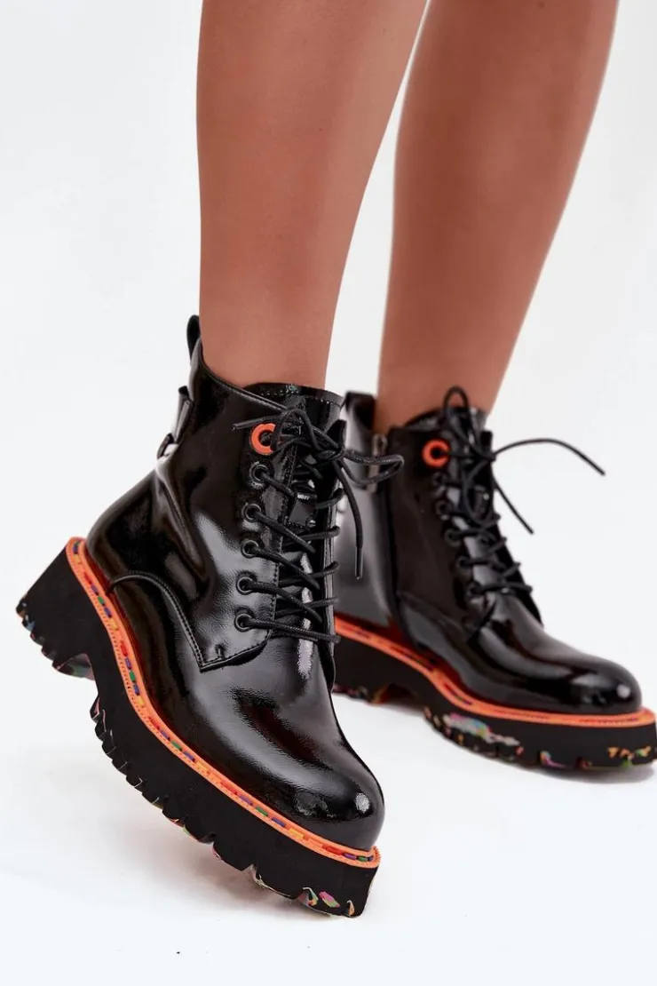 New Artiker Botki Damskie Z Lakierowanej Skóry Naturalnej Ocieplane 57C0061 Czarne