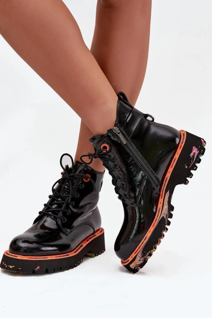 New Artiker Botki Damskie Z Lakierowanej Skóry Naturalnej Ocieplane 57C0061 Czarne