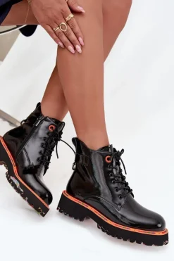 New Artiker Botki Damskie Z Lakierowanej Skóry Naturalnej Ocieplane 57C0061 Czarne