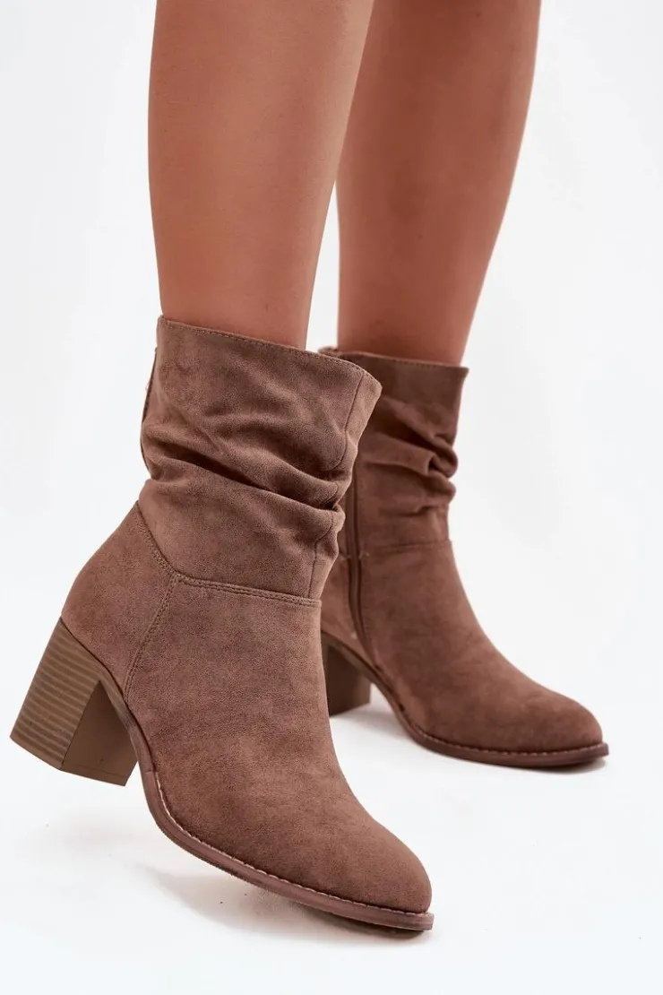 Damskie buty S.Barski Botki Zimowe Damskie|Botki Na Obcasie*Botki Damskie Z Marszczeniem Na Słupku S.Barski HY52-516 Brązowe Brązowy