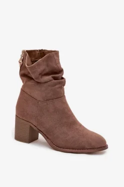 Damskie buty S.Barski Botki Zimowe Damskie|Botki Na Obcasie*Botki Damskie Z Marszczeniem Na Słupku S.Barski HY52-516 Brązowe Brązowy