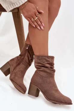 Damskie buty S.Barski Botki Zimowe Damskie|Botki Na Obcasie*Botki Damskie Z Marszczeniem Na Słupku S.Barski HY52-516 Brązowe Brązowy