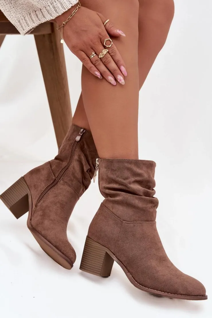 Damskie buty S.Barski Botki Zimowe Damskie|Botki Na Obcasie*Botki Damskie Z Marszczeniem Na Słupku S.Barski HY52-516 Brązowe Brązowy