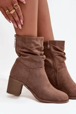 Damskie buty S.Barski Botki Zimowe Damskie|Botki Na Obcasie*Botki Damskie Z Marszczeniem Na Słupku S.Barski HY52-516 Brązowe Brązowy