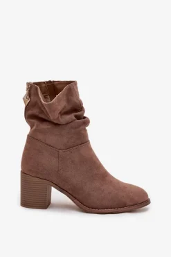 Damskie buty S.Barski Botki Zimowe Damskie|Botki Na Obcasie*Botki Damskie Z Marszczeniem Na Słupku S.Barski HY52-516 Brązowe Brązowy