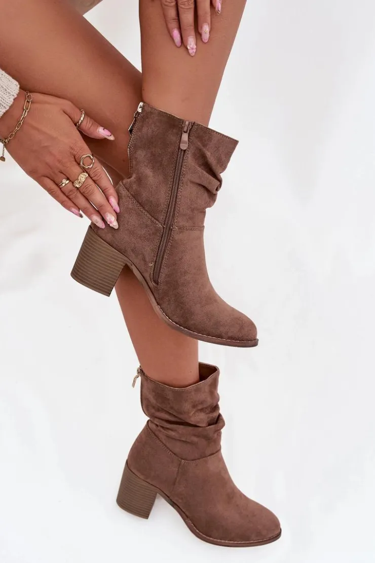 Damskie buty S.Barski Botki Zimowe Damskie|Botki Na Obcasie*Botki Damskie Z Marszczeniem Na Słupku S.Barski HY52-516 Brązowe Brązowy