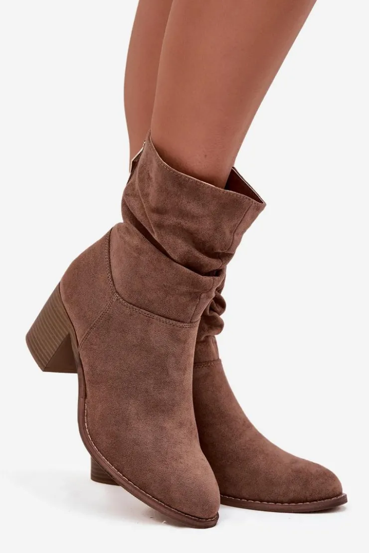 Damskie buty S.Barski Botki Zimowe Damskie|Botki Na Obcasie*Botki Damskie Z Marszczeniem Na Słupku S.Barski HY52-516 Brązowe Brązowy