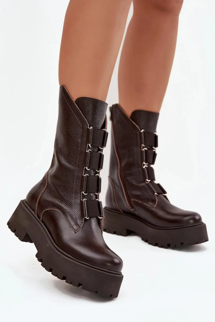 Clearance Zazoo Botki Damskie Z Naturalnej Skóry Na Platformie 3795 Czekoladowe Brązowy