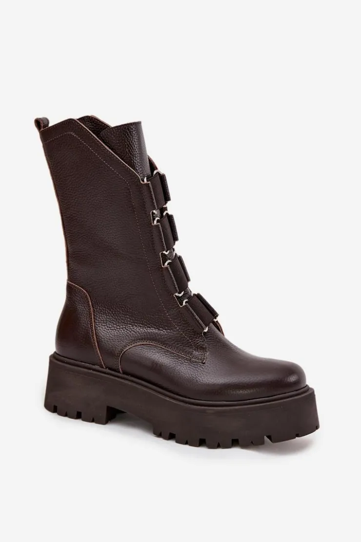 Clearance Zazoo Botki Damskie Z Naturalnej Skóry Na Platformie 3795 Czekoladowe Brązowy
