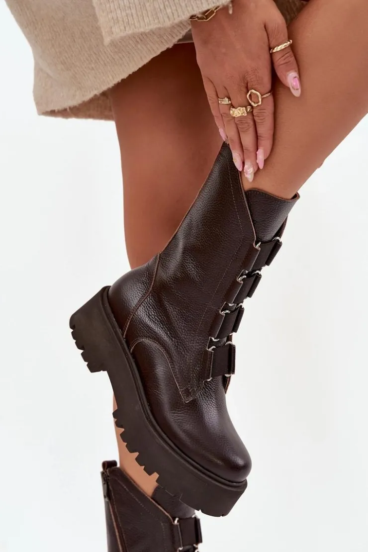 Clearance Zazoo Botki Damskie Z Naturalnej Skóry Na Platformie 3795 Czekoladowe Brązowy