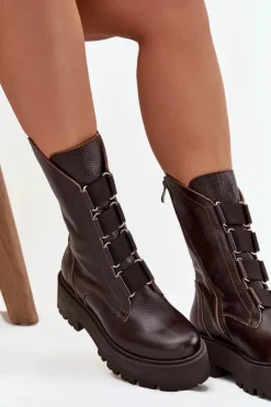 Clearance Zazoo Botki Damskie Z Naturalnej Skóry Na Platformie 3795 Czekoladowe Brązowy