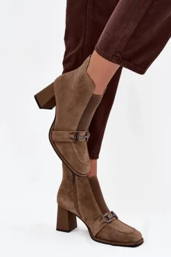 Artiker Botki Skórzane|Botki Na Słupku*Botki Damskie Z Naturalnego Zamszu Na Słupku 57C0221 Beżowe