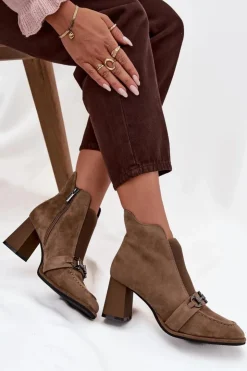 Artiker Botki Skórzane|Botki Na Słupku*Botki Damskie Z Naturalnego Zamszu Na Słupku 57C0221 Beżowe