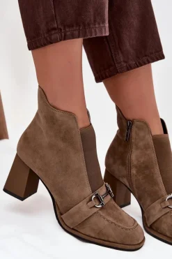 Artiker Botki Skórzane|Botki Na Słupku*Botki Damskie Z Naturalnego Zamszu Na Słupku 57C0221 Beżowe