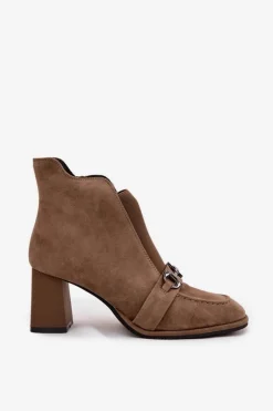 Artiker Botki Skórzane|Botki Na Słupku*Botki Damskie Z Naturalnego Zamszu Na Słupku 57C0221 Beżowe