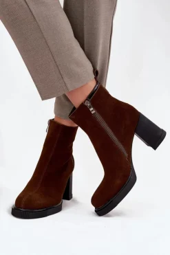 Damskie Buty damskie Vinceza Botki Damskie Z Naturalnego Zamszu Na Słupku Ocieplane Vinceza 91141 Brązowe