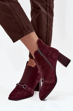 Damskie Artiker Botki Damskie Z Naturalnego Zamszu Na Słupku 57C0222 Bordowe