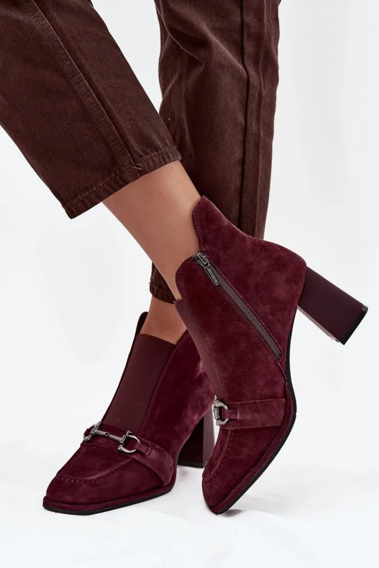 Damskie Artiker Botki Damskie Z Naturalnego Zamszu Na Słupku 57C0222 Bordowe