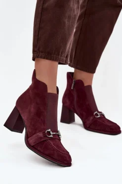 Damskie Artiker Botki Damskie Z Naturalnego Zamszu Na Słupku 57C0222 Bordowe