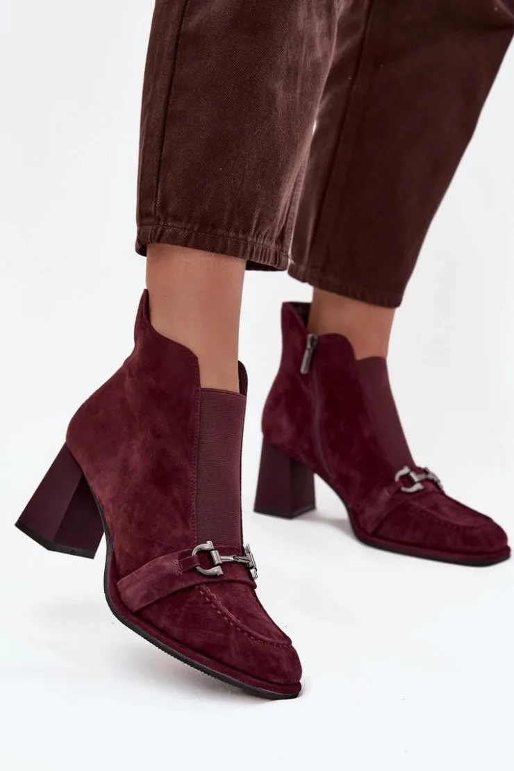 Damskie Artiker Botki Damskie Z Naturalnego Zamszu Na Słupku 57C0222 Bordowe
