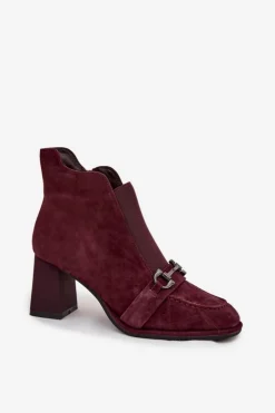 Damskie Artiker Botki Damskie Z Naturalnego Zamszu Na Słupku 57C0222 Bordowe
