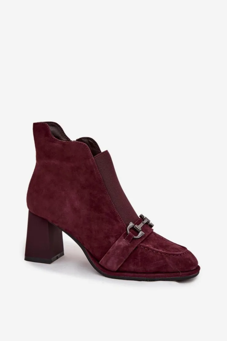 Damskie Artiker Botki Damskie Z Naturalnego Zamszu Na Słupku 57C0222 Bordowe
