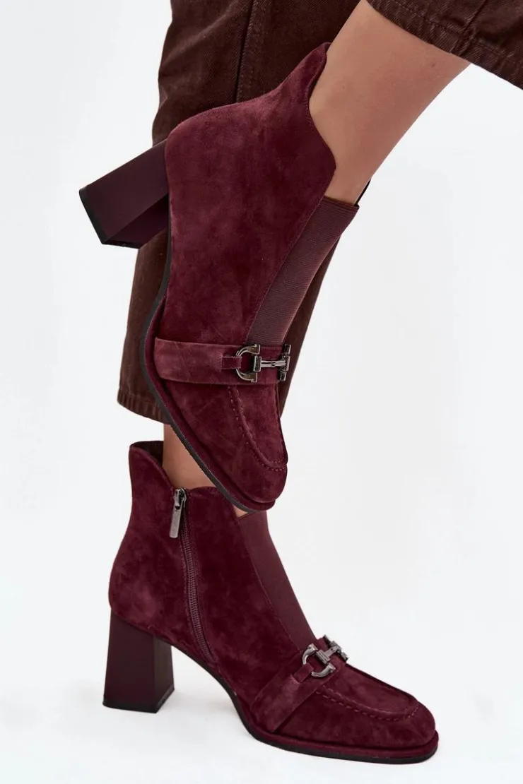 Damskie Artiker Botki Damskie Z Naturalnego Zamszu Na Słupku 57C0222 Bordowe