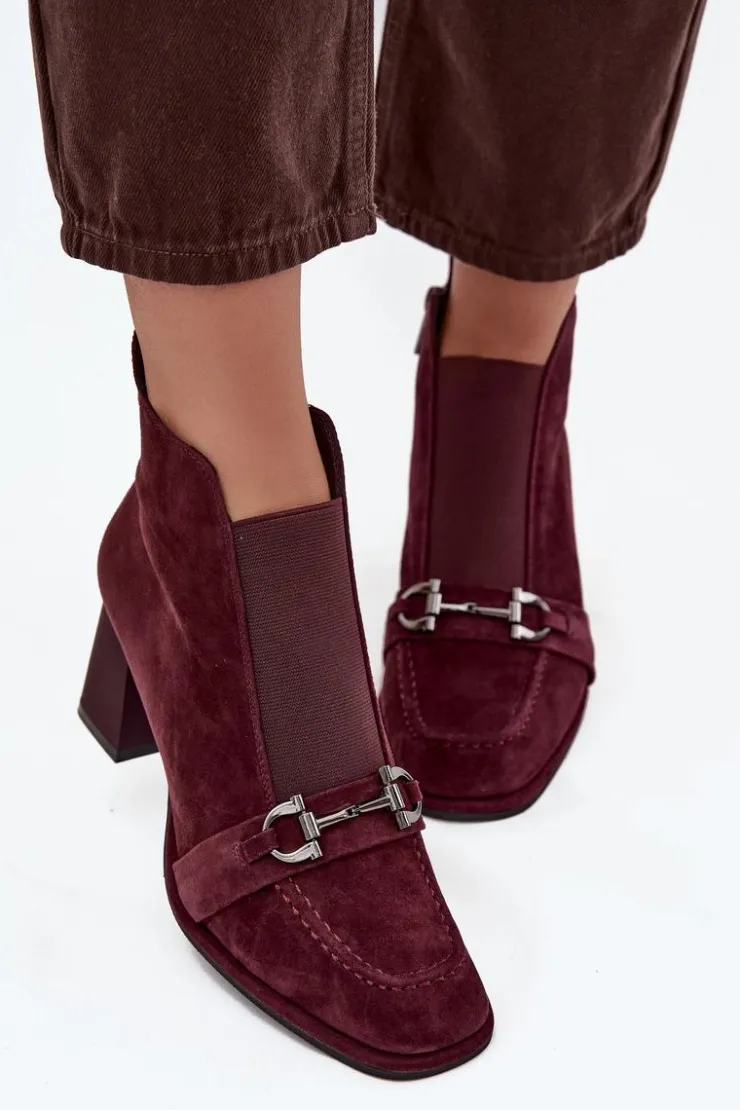 Damskie Artiker Botki Damskie Z Naturalnego Zamszu Na Słupku 57C0222 Bordowe