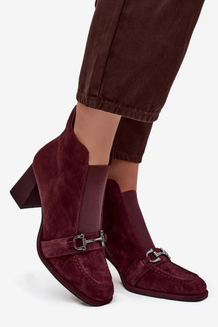 Damskie Artiker Botki Damskie Z Naturalnego Zamszu Na Słupku 57C0222 Bordowe