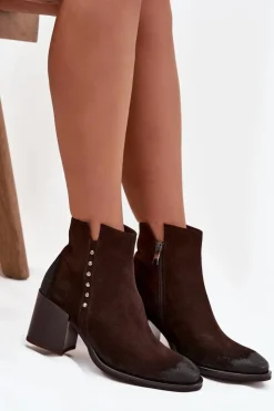 Sale Zazoo Botki Damskie Z Naturalnego Zamszu Na Słupku 1136 Czekoladowe