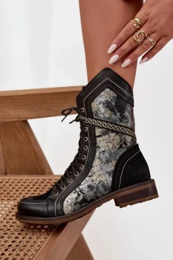 Damskie Maciejka Botki Damskie Z Naturalnej Skóry 07097-01 Czarno-Złote