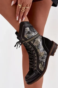 Damskie Maciejka Botki Damskie Z Naturalnej Skóry 07097-01 Czarno-Złote