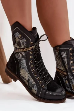 Damskie Maciejka Botki Damskie Z Naturalnej Skóry 07097-01 Czarno-Złote