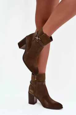 Discount Buty Sergio Leone Botki Damskie Z Naturalnego Zamszu Na Słupku Ocieplane Sergio Leone BT25384-S Khaki Zielony