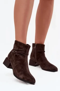 D&A Botki Ocieplane|Botki Skórzane*Botki Damskie Z Naturalnego Zamszu Na Klocku Ocieplane CR52-651 Czekoladowe Brązowy