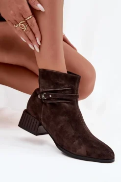 D&A Botki Ocieplane|Botki Skórzane*Botki Damskie Z Naturalnego Zamszu Na Klocku Ocieplane CR52-651 Czekoladowe Brązowy