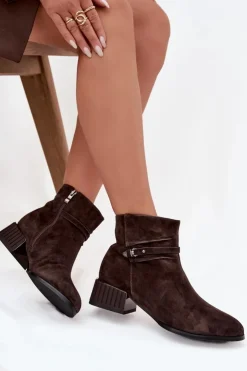 D&A Botki Ocieplane|Botki Skórzane*Botki Damskie Z Naturalnego Zamszu Na Klocku Ocieplane CR52-651 Czekoladowe Brązowy