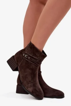 D&A Botki Ocieplane|Botki Skórzane*Botki Damskie Z Naturalnego Zamszu Na Klocku Ocieplane CR52-651 Czekoladowe Brązowy