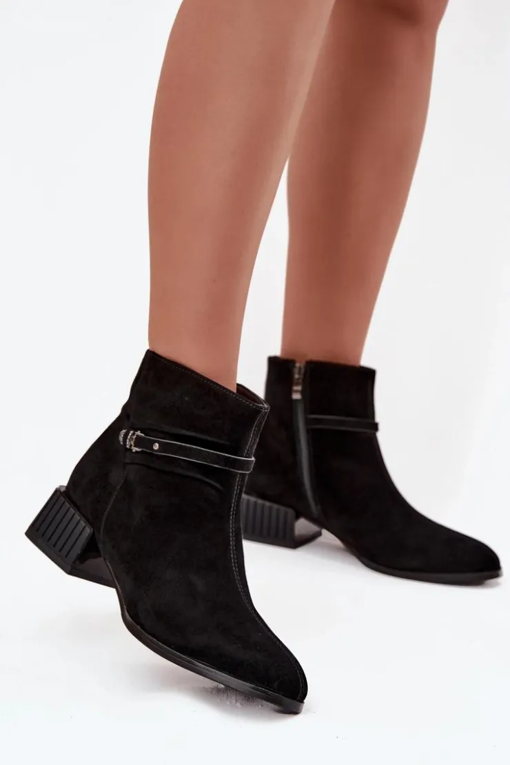 New D&A Botki Damskie Z Naturalnego Zamszu Na Klocku Ocieplane CR52-651 Czarne Czarny