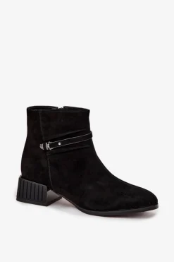 New D&A Botki Damskie Z Naturalnego Zamszu Na Klocku Ocieplane CR52-651 Czarne Czarny