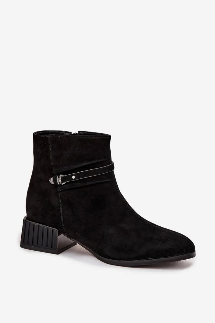 New D&A Botki Damskie Z Naturalnego Zamszu Na Klocku Ocieplane CR52-651 Czarne Czarny