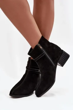 New D&A Botki Damskie Z Naturalnego Zamszu Na Klocku Ocieplane CR52-651 Czarne Czarny