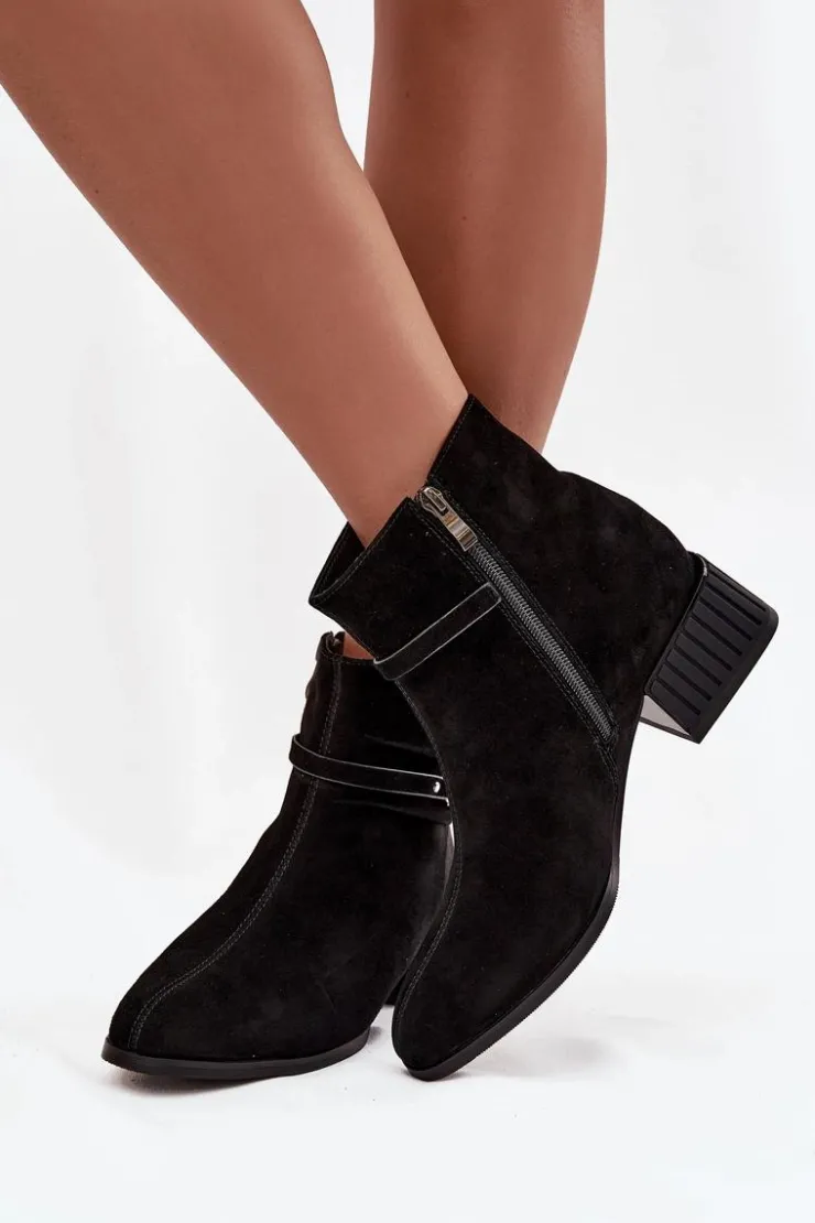 New D&A Botki Damskie Z Naturalnego Zamszu Na Klocku Ocieplane CR52-651 Czarne Czarny